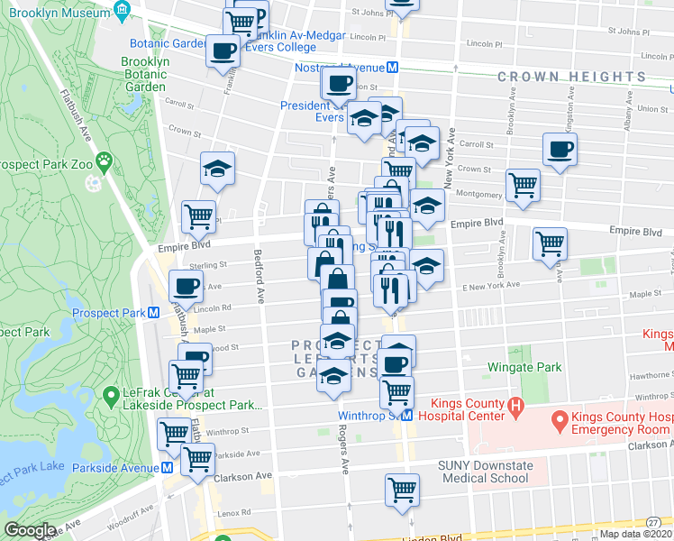 map of restaurants, bars, coffee shops, grocery stores, and more near 246 Lefferts Avenue in Brooklyn