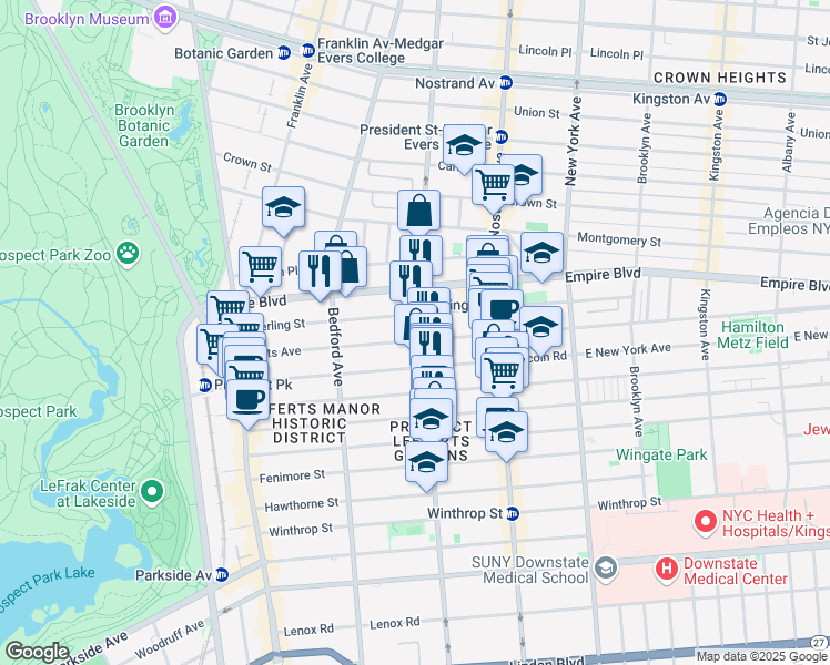 map of restaurants, bars, coffee shops, grocery stores, and more near 206 Lefferts Avenue in Brooklyn