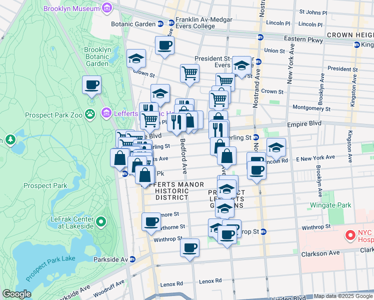 map of restaurants, bars, coffee shops, grocery stores, and more near 119 Lefferts Avenue in Brooklyn