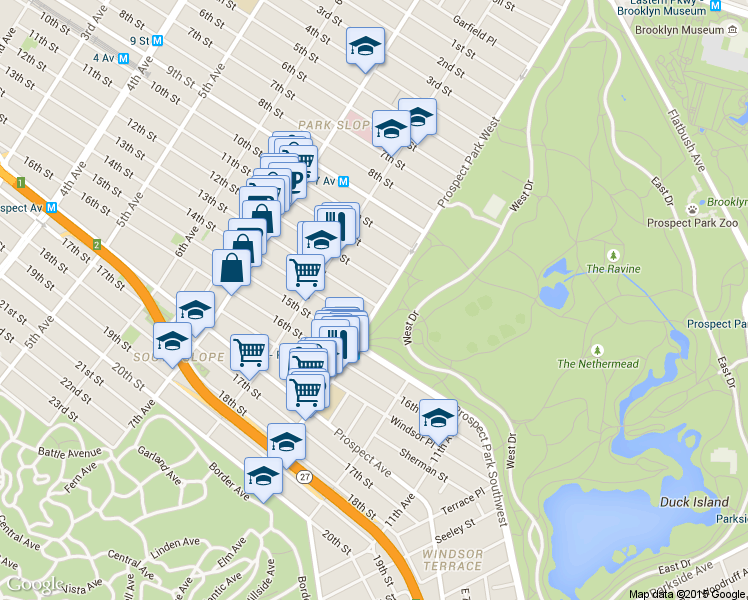 map of restaurants, bars, coffee shops, grocery stores, and more near 179 Prospect Park West in Brooklyn