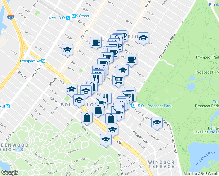 map of restaurants, bars, coffee shops, grocery stores, and more near 395 16th Street in Brooklyn