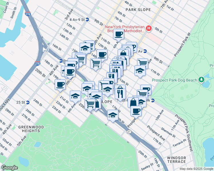 map of restaurants, bars, coffee shops, grocery stores, and more near 373 Prospect Avenue in Brooklyn