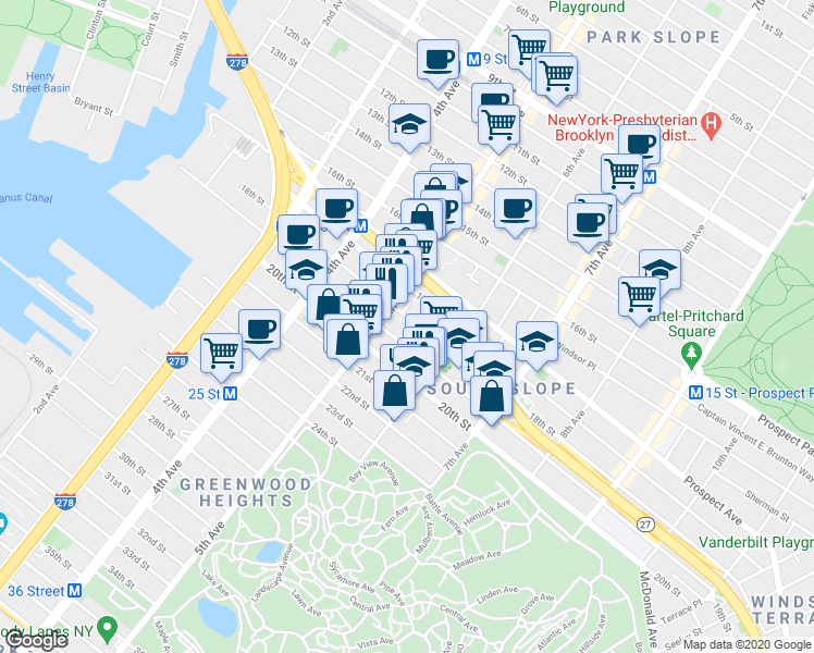 map of restaurants, bars, coffee shops, grocery stores, and more near 278 18th Street in Brooklyn
