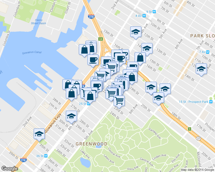 map of restaurants, bars, coffee shops, grocery stores, and more near 200 21st Street in Brooklyn