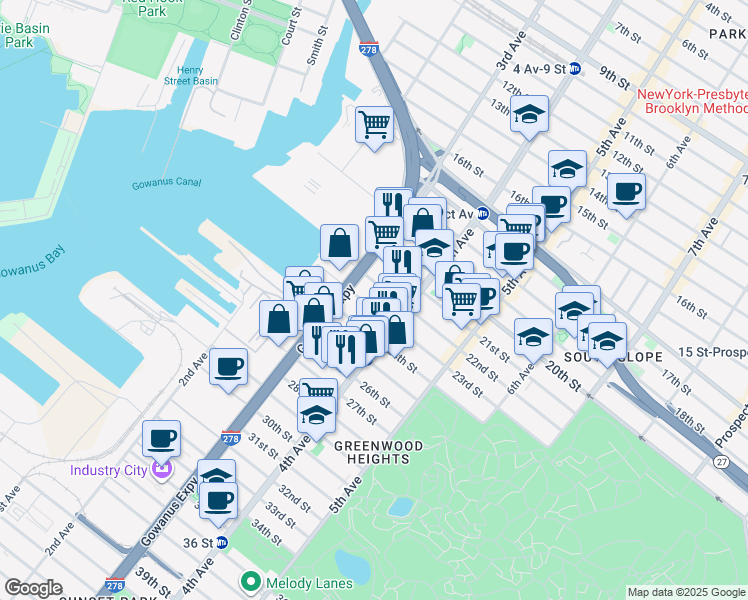 map of restaurants, bars, coffee shops, grocery stores, and more near 148 23rd Street in Brooklyn