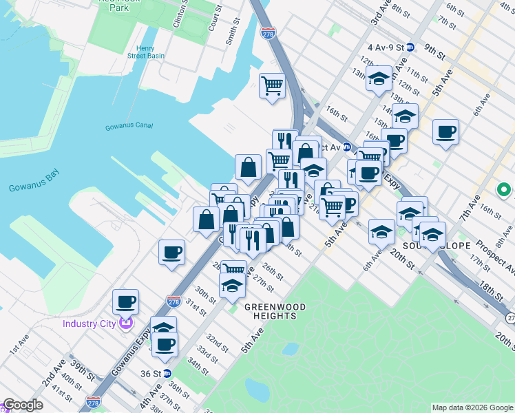 map of restaurants, bars, coffee shops, grocery stores, and more near 148 23rd Street in Brooklyn