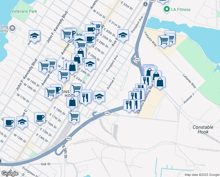 map of restaurants, bars, coffee shops, grocery stores, and more near 102 East 24th Street in Bayonne
