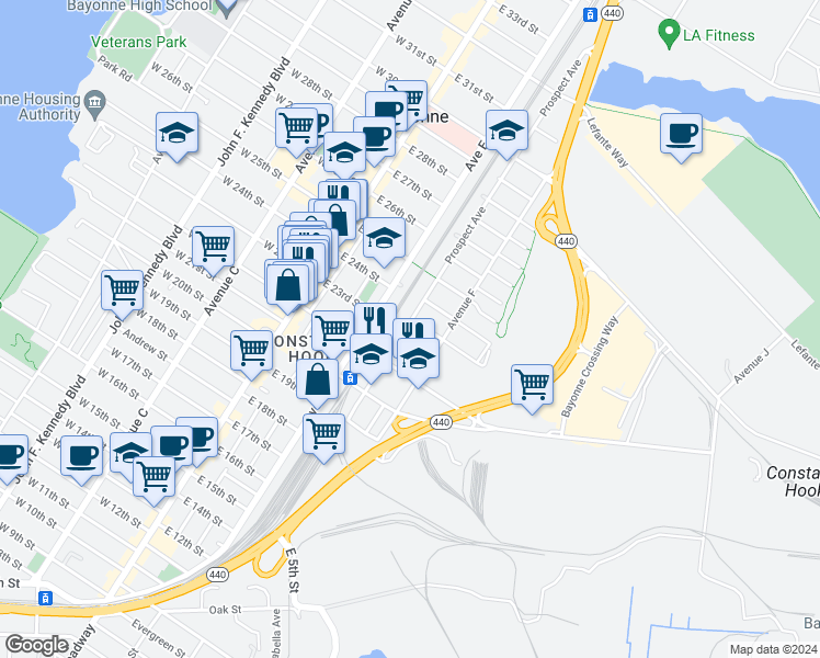 map of restaurants, bars, coffee shops, grocery stores, and more near 71 Prospect Avenue in Bayonne