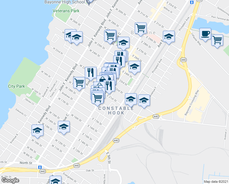 map of restaurants, bars, coffee shops, grocery stores, and more near 34 East 22nd Street in Bayonne