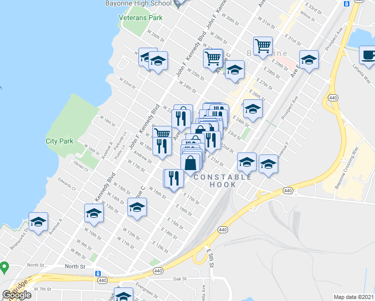 map of restaurants, bars, coffee shops, grocery stores, and more near 17 West 19th Street in Bayonne