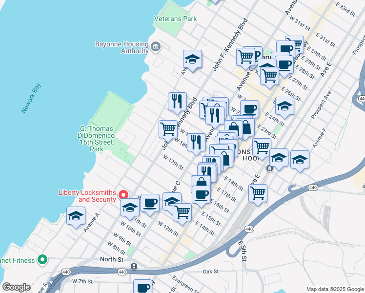 map of restaurants, bars, coffee shops, grocery stores, and more near 66 West 18th Street in Bayonne
