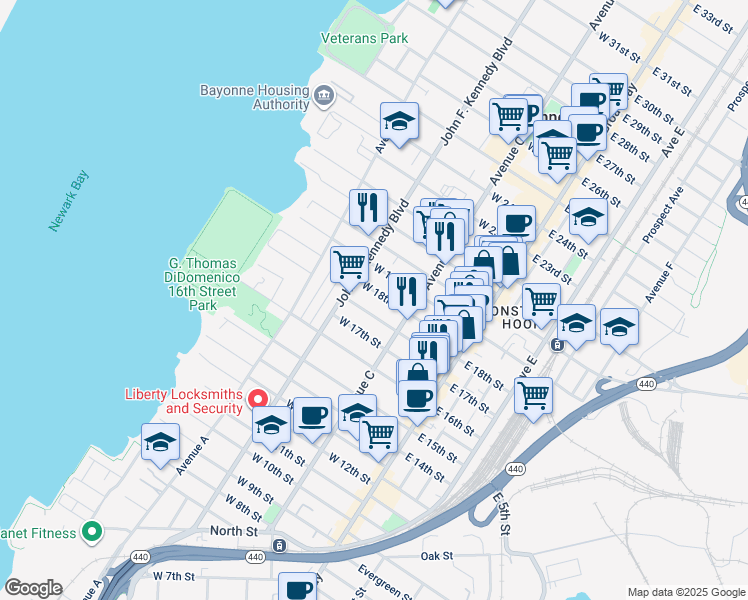 map of restaurants, bars, coffee shops, grocery stores, and more near 66 West 18th Street in Bayonne