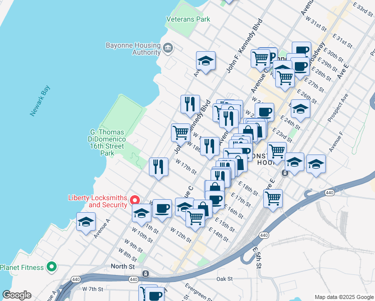 map of restaurants, bars, coffee shops, grocery stores, and more near 94 Andrew Street in Bayonne