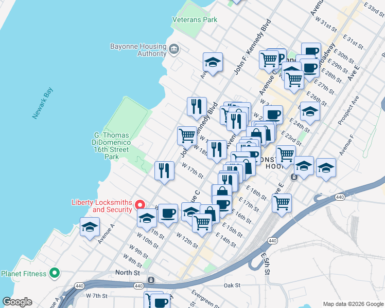 map of restaurants, bars, coffee shops, grocery stores, and more near 94 Andrew Street in Bayonne