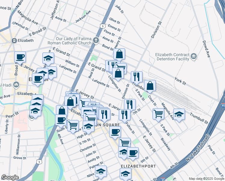 map of restaurants, bars, coffee shops, grocery stores, and more near 824 Livingston Street in Elizabeth