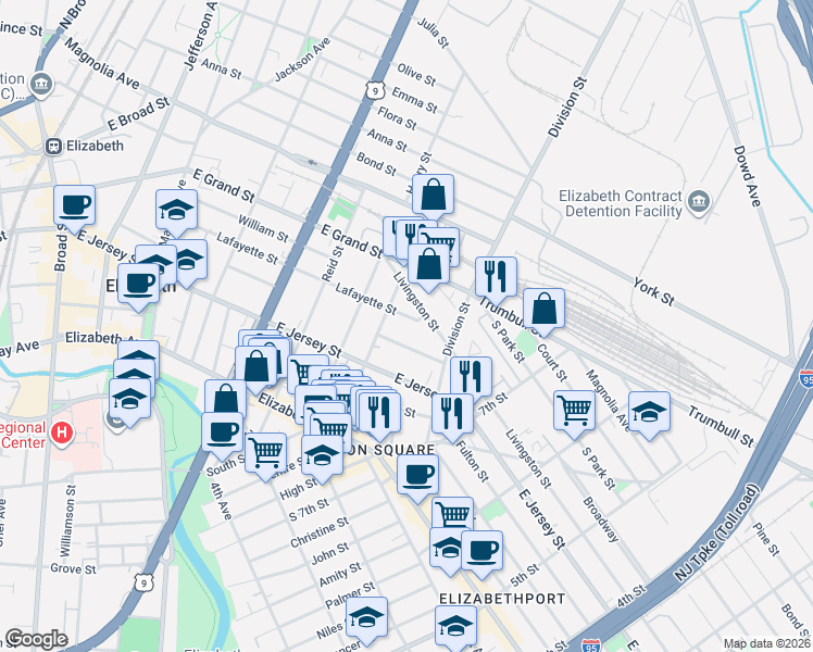 map of restaurants, bars, coffee shops, grocery stores, and more near 824 Livingston Street in Elizabeth