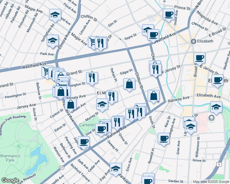 map of restaurants, bars, coffee shops, grocery stores, and more near 70-72 Dehart Place in Elizabeth