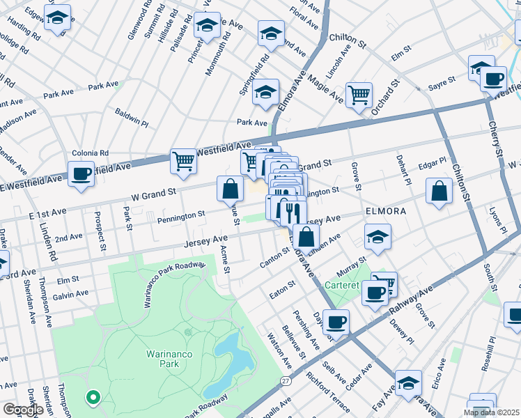 map of restaurants, bars, coffee shops, grocery stores, and more near 169 Bellevue Street in Elizabeth