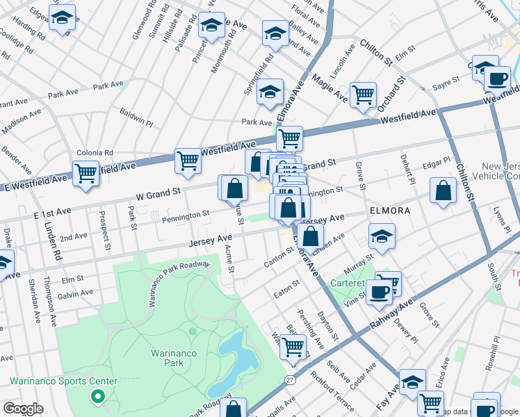 map of restaurants, bars, coffee shops, grocery stores, and more near 169 Bellevue Street in Elizabeth