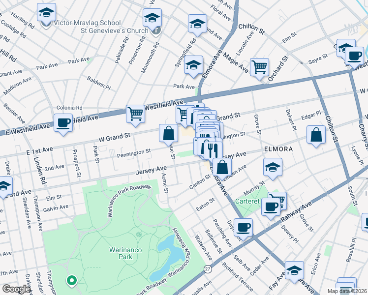 map of restaurants, bars, coffee shops, grocery stores, and more near 169 Bellevue Street in Elizabeth