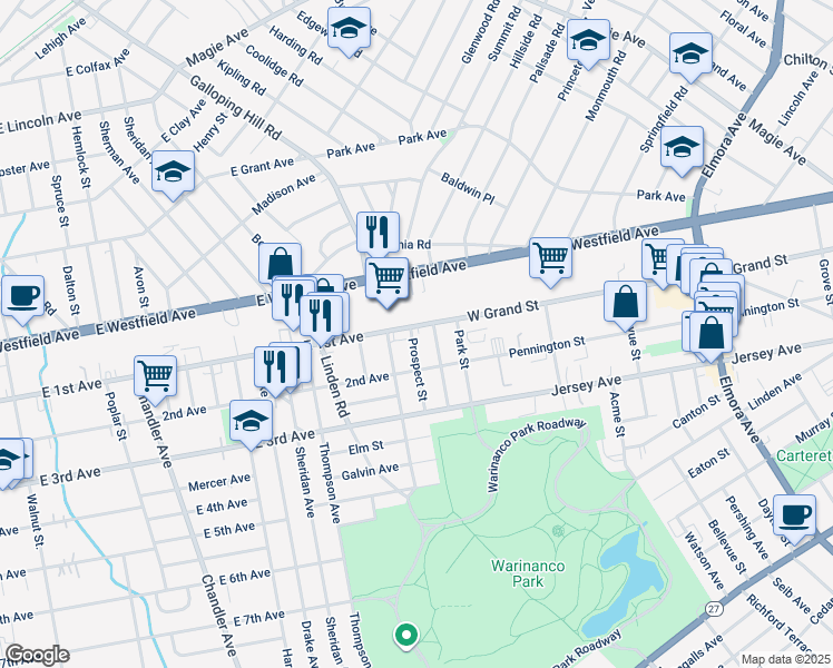 map of restaurants, bars, coffee shops, grocery stores, and more near 114 Prospect Street in Roselle
