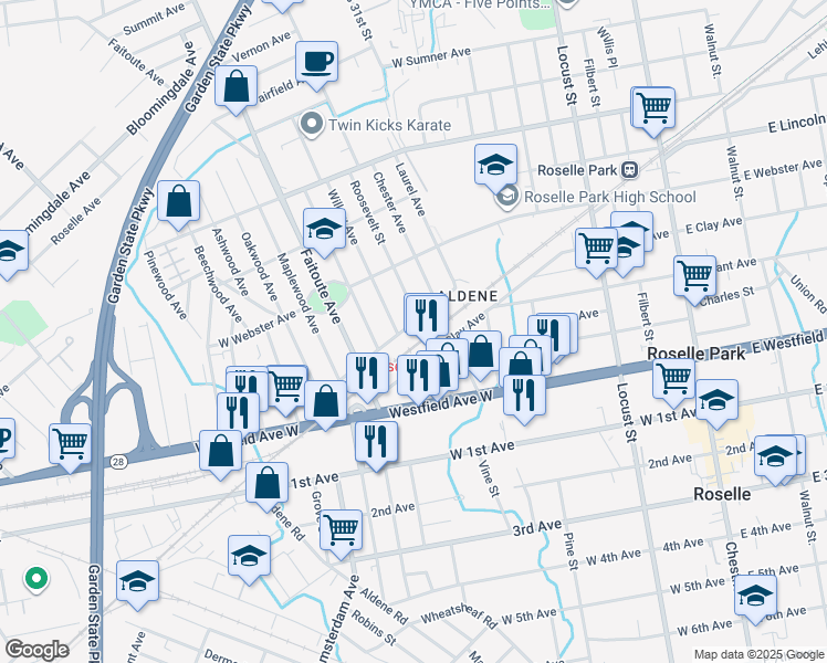 map of restaurants, bars, coffee shops, grocery stores, and more near 320 Seaton Avenue in Roselle Park