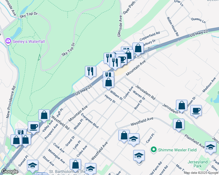 map of restaurants, bars, coffee shops, grocery stores, and more near 313 William Street in Scotch Plains