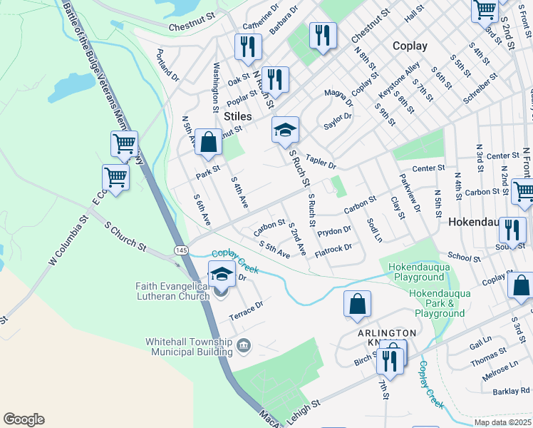 map of restaurants, bars, coffee shops, grocery stores, and more near 3325 Carbon Street in Hokendauqua
