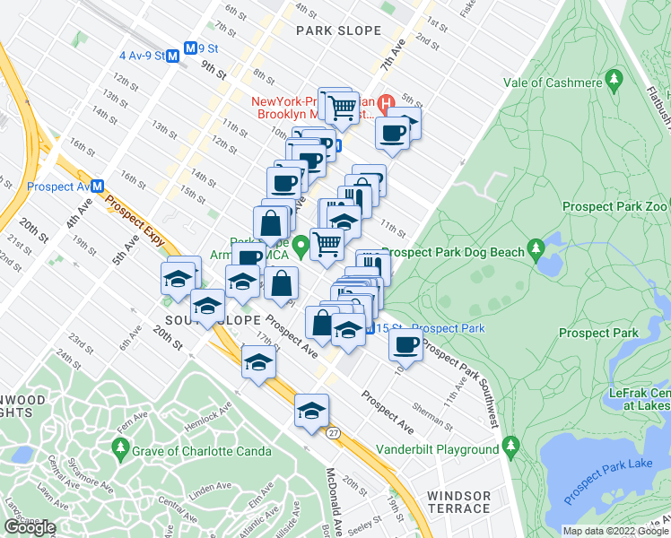 map of restaurants, bars, coffee shops, grocery stores, and more near 423 15th Street in Brooklyn
