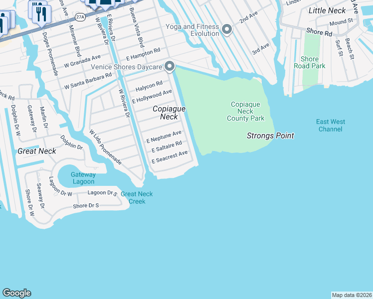 map of restaurants, bars, coffee shops, grocery stores, and more near 207 Inlet Drive in Lindenhurst