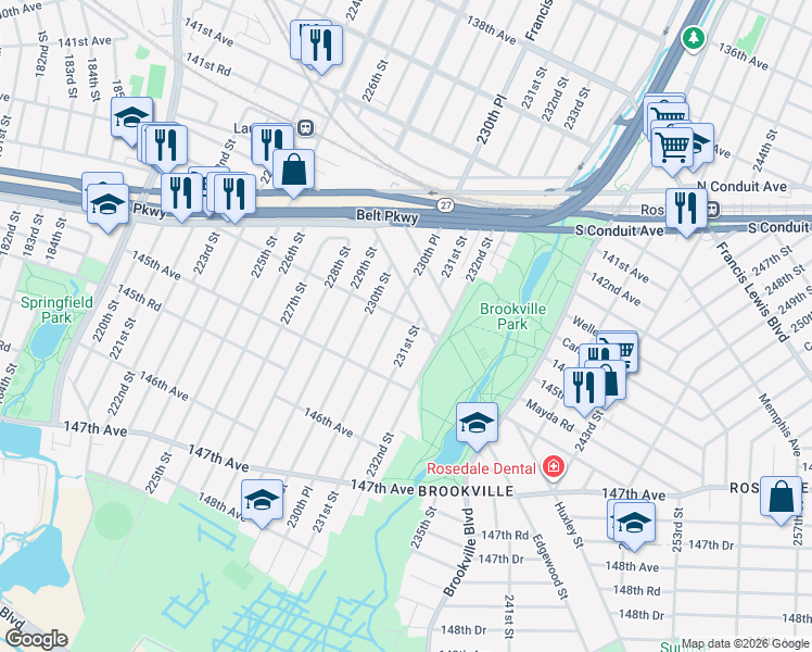 map of restaurants, bars, coffee shops, grocery stores, and more near 144-18 231st Street in Queens