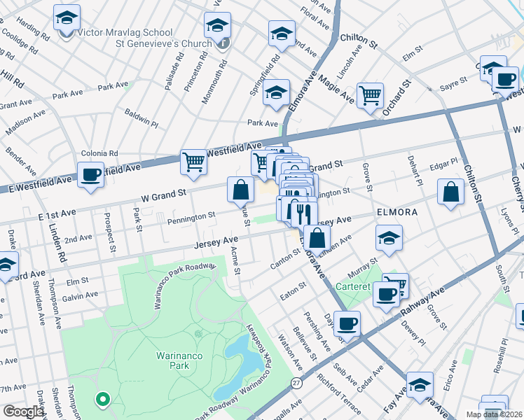 map of restaurants, bars, coffee shops, grocery stores, and more near 169 Bellevue Street in Elizabeth