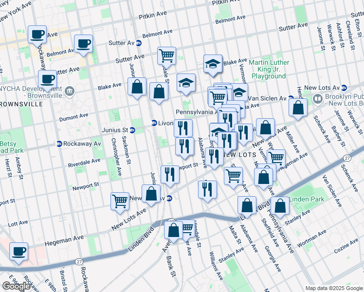 map of restaurants, bars, coffee shops, grocery stores, and more near 482 Riverdale Avenue in Brooklyn