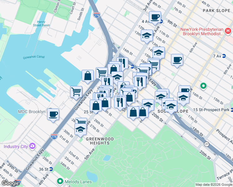 map of restaurants, bars, coffee shops, grocery stores, and more near 200 21st Street in Brooklyn