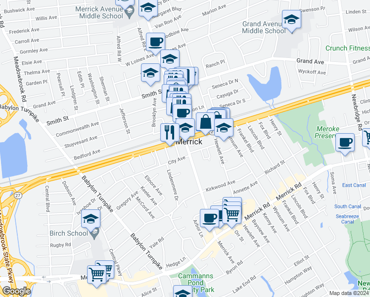 map of restaurants, bars, coffee shops, grocery stores, and more near 2262 Merrick Avenue in Merrick