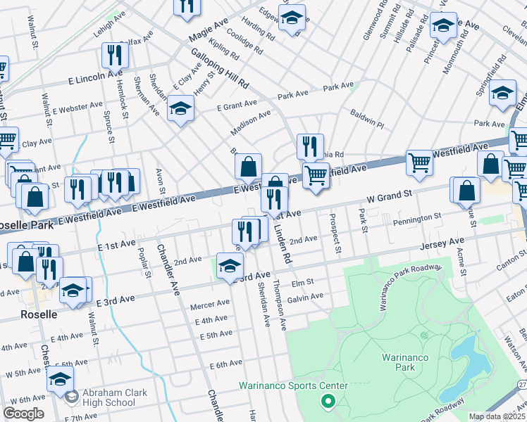 map of restaurants, bars, coffee shops, grocery stores, and more near 545 East 1st Avenue in Roselle