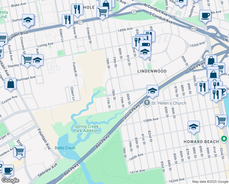 map of restaurants, bars, coffee shops, grocery stores, and more near 155-53 78th Street in Queens