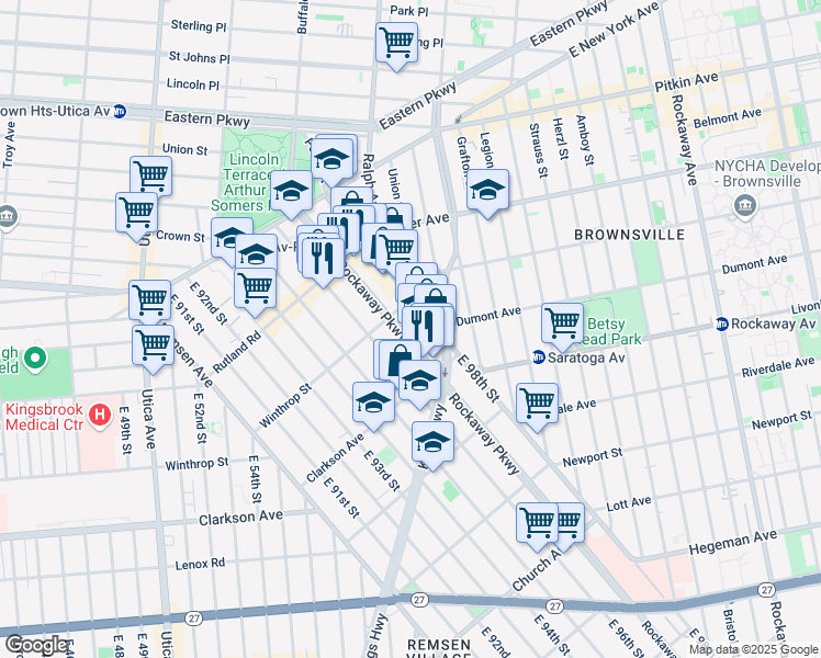 map of restaurants, bars, coffee shops, grocery stores, and more near 181 Rockaway Parkway in Brooklyn