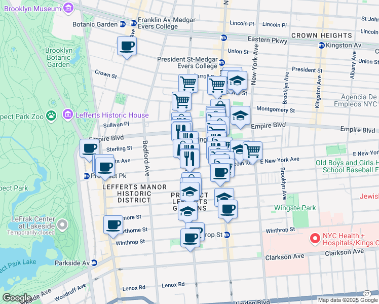 map of restaurants, bars, coffee shops, grocery stores, and more near 246 Lefferts Avenue in Brooklyn