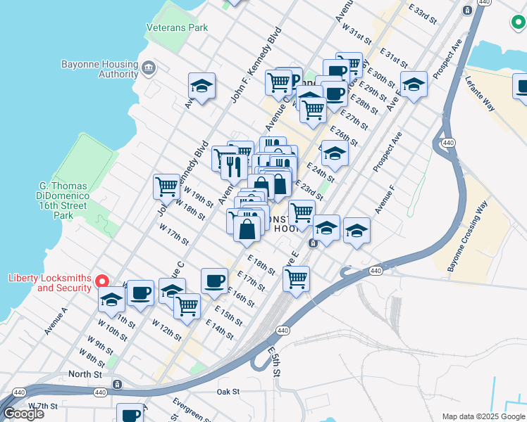map of restaurants, bars, coffee shops, grocery stores, and more near 6 East 21st Street in Bayonne