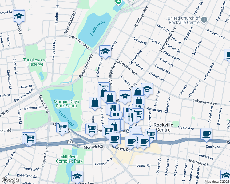 map of restaurants, bars, coffee shops, grocery stores, and more near 165 North Village Avenue in Rockville Centre