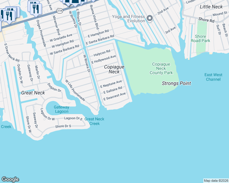 map of restaurants, bars, coffee shops, grocery stores, and more near 33 East Seacrest Avenue in Lindenhurst