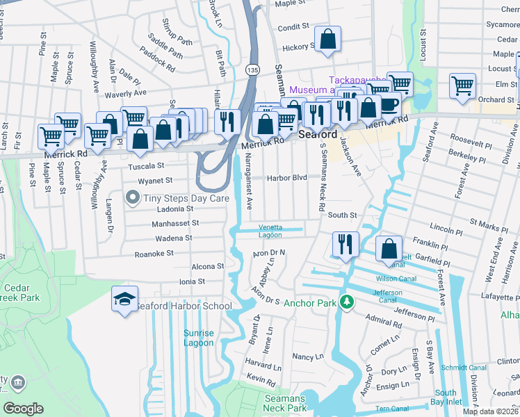 map of restaurants, bars, coffee shops, grocery stores, and more near 3791 Tiana Street in Seaford