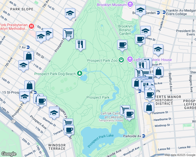 map of restaurants, bars, coffee shops, grocery stores, and more near Center Drive in Brooklyn