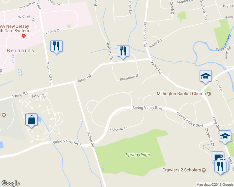 map of restaurants, bars, coffee shops, grocery stores, and more near 58 Alexandria Way in Bernards