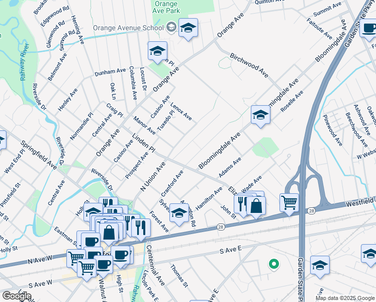 map of restaurants, bars, coffee shops, grocery stores, and more near 210 Cranford Avenue in Cranford