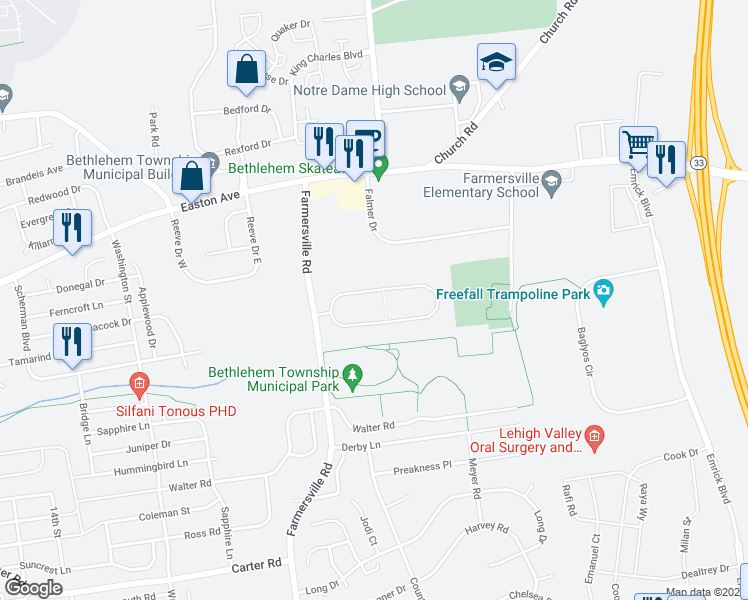 map of restaurants, bars, coffee shops, grocery stores, and more near 4660 Pheasant Run Court in Bethlehem