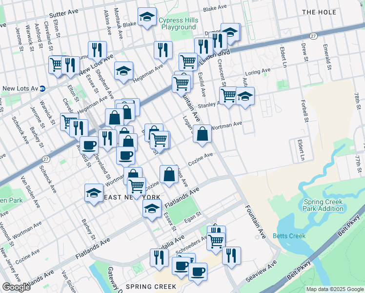 map of restaurants, bars, coffee shops, grocery stores, and more near 612 Wortman Avenue in Brooklyn