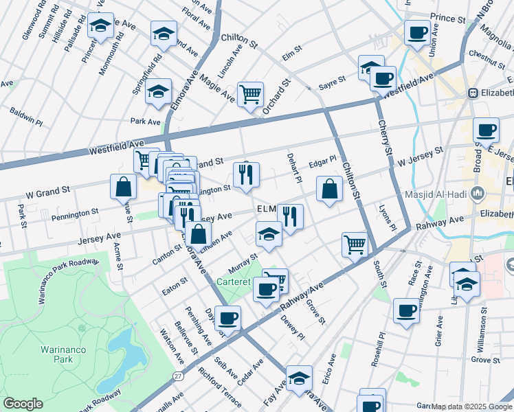 map of restaurants, bars, coffee shops, grocery stores, and more near 105 Grove Street in Elizabeth