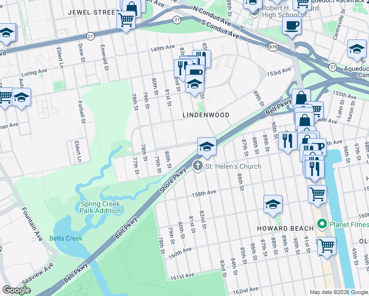 map of restaurants, bars, coffee shops, grocery stores, and more near 156-21 80th Street in Queens